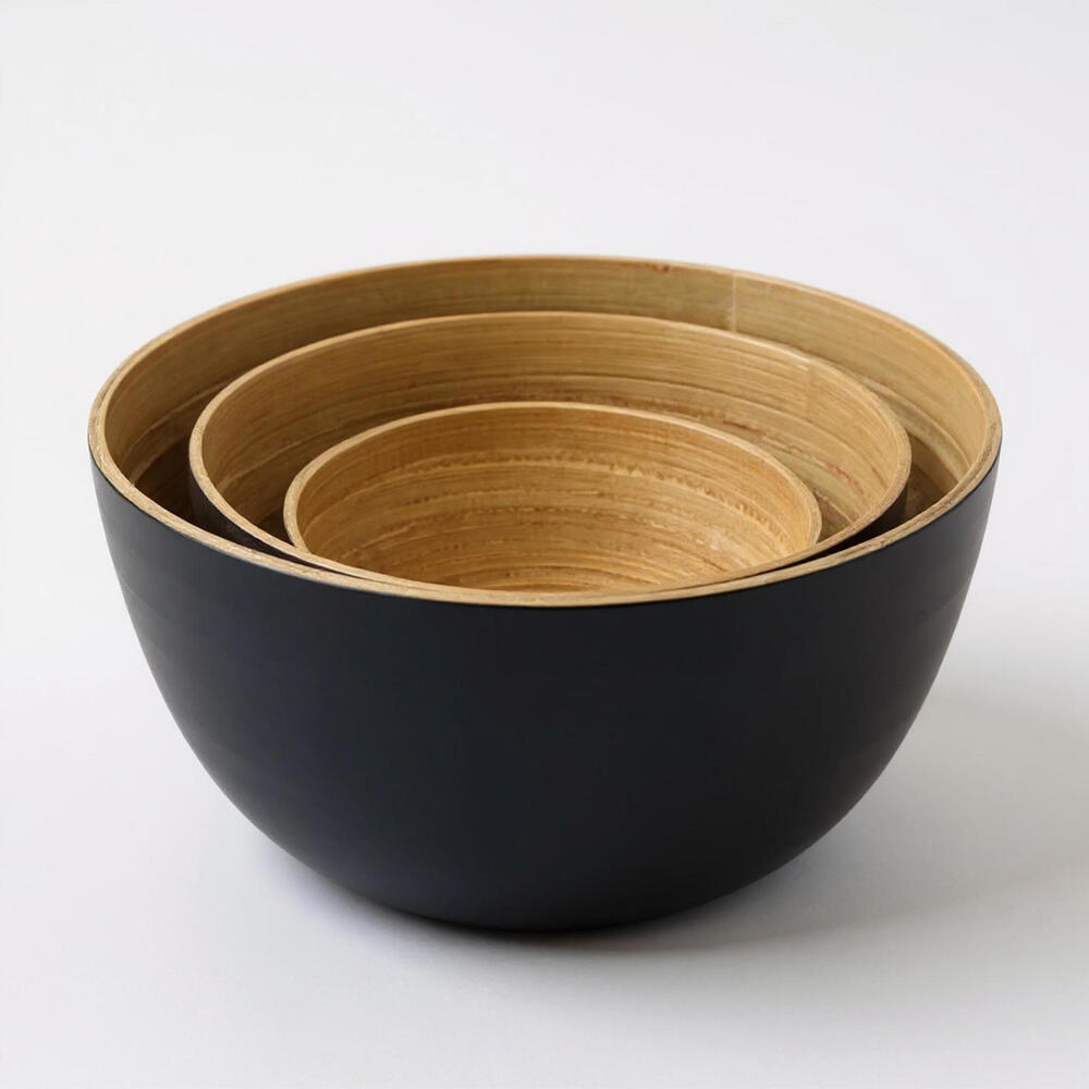 Two's Company Bamboo Nesting Bowls Set of 3 – Blue Solid Round Vintage